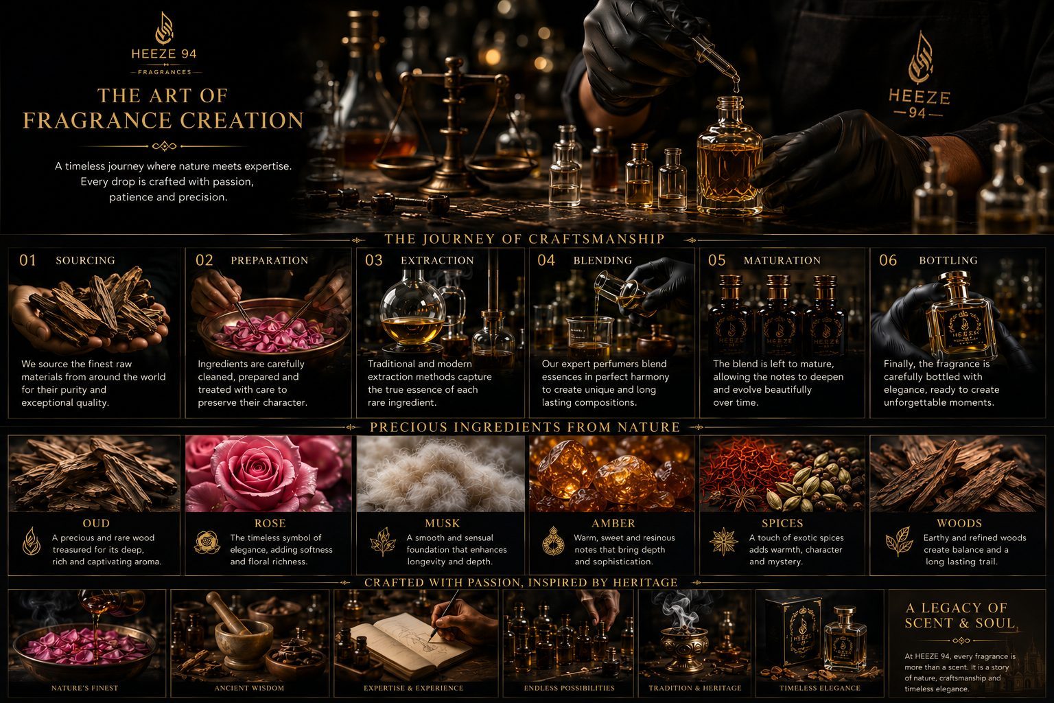 The Art of Fragrance Creation — the complete HEEZE 94 process, from sourcing to bottling